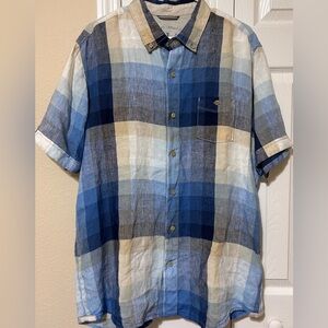 Tommy Bahama Island Modern Fit Plaid Button Down Short Sleeve Linen Shirt Large